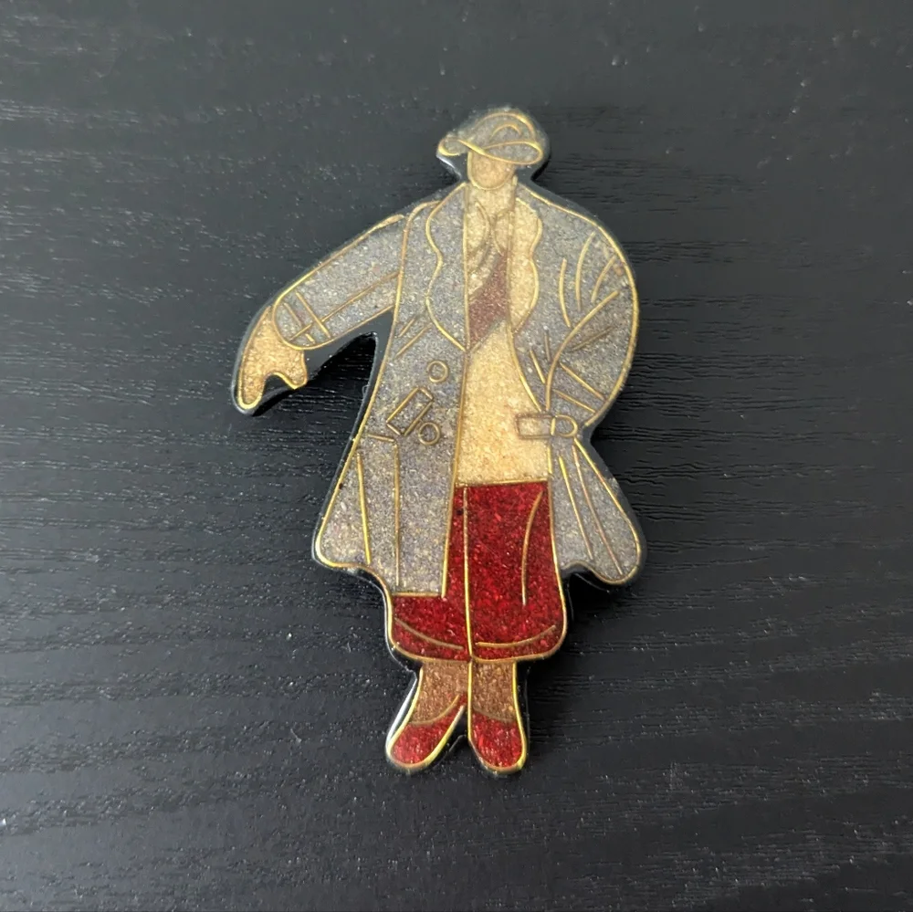 Vintage 80s/90s Long Coat Person Gray Red Gold Tone Plastic Brooch Pin